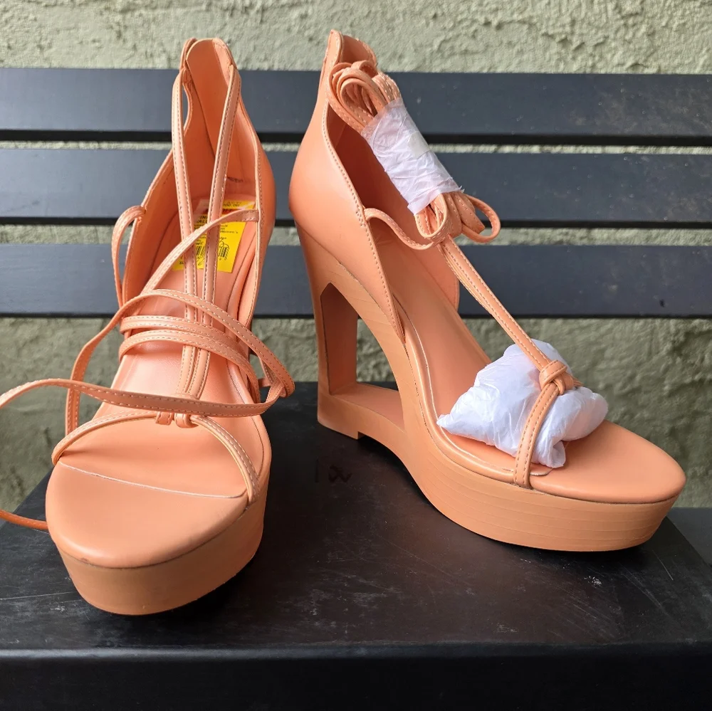 AAJ BY AMINAH WOMENS‎ NINA LACE-UP ARCHITECTURAL WEDGE SANDALS ORANGE Sz 6.5M
